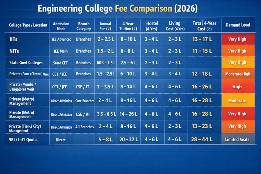 Fee Comparison for Engineering Colleges (2026 Guide)